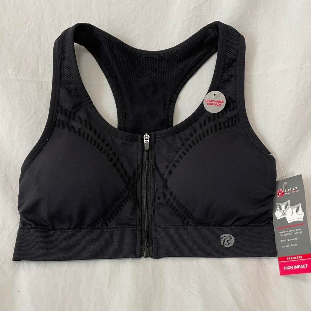Bally Total Fitness High Impact Bra, front zip closure, Sz Sm, Black, NWT